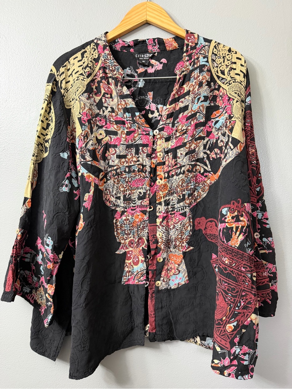 Citron silk Black Floral Paisley Button-Front Casual women’s Shirt 3x